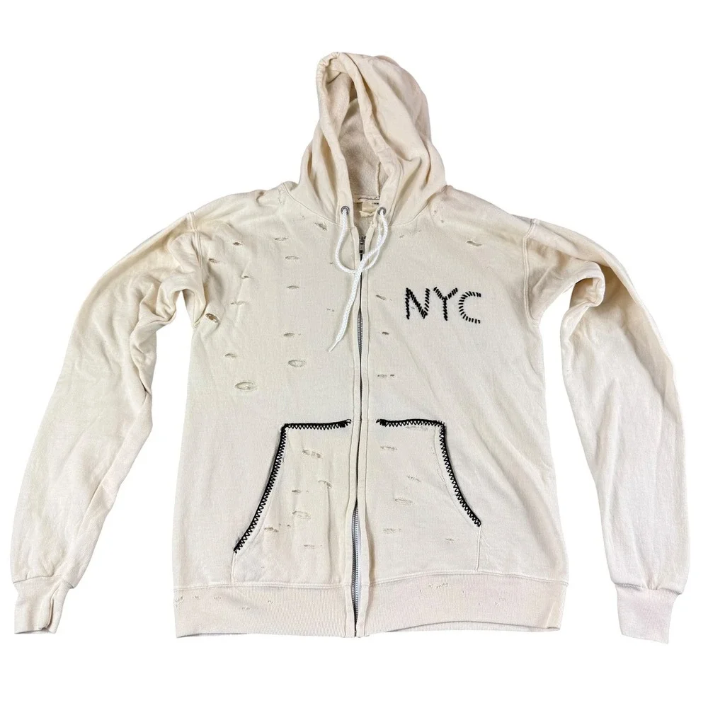 Free People x Tricia Fix Distressed NYC Hoodie Cream Repurposed Vintage XS‎ Zip